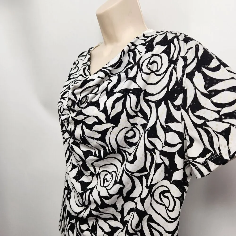 MSK Pullover Top Women's Size XL Blk & White Floral Short Sleeve Draped Neck - Picture 3 of 9